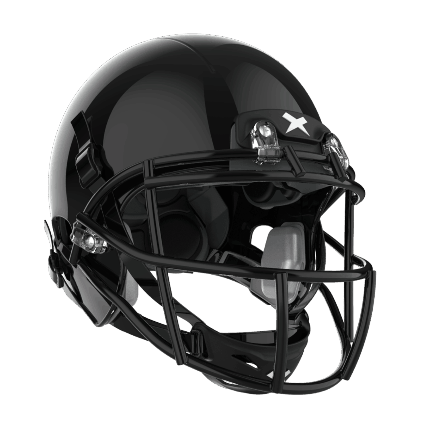 Left facing view X2E+ football helmet with black shell and black Prime facemask.