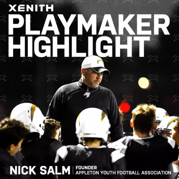 Xenith Playmaker Highlight placed above an image of Nick Salm speaking to football players huddled around him.