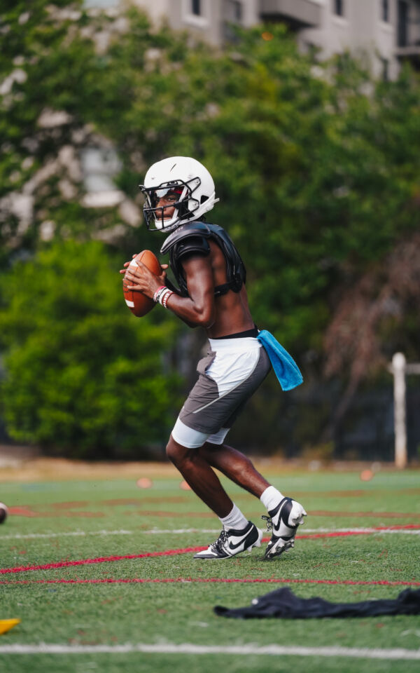 Prince holding a football while dropping back to throw a pass.