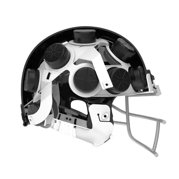 X-Ray side view of a Xenith helmet showing the interior shock liner, shocks, and Xenith Adaptive Fit System.