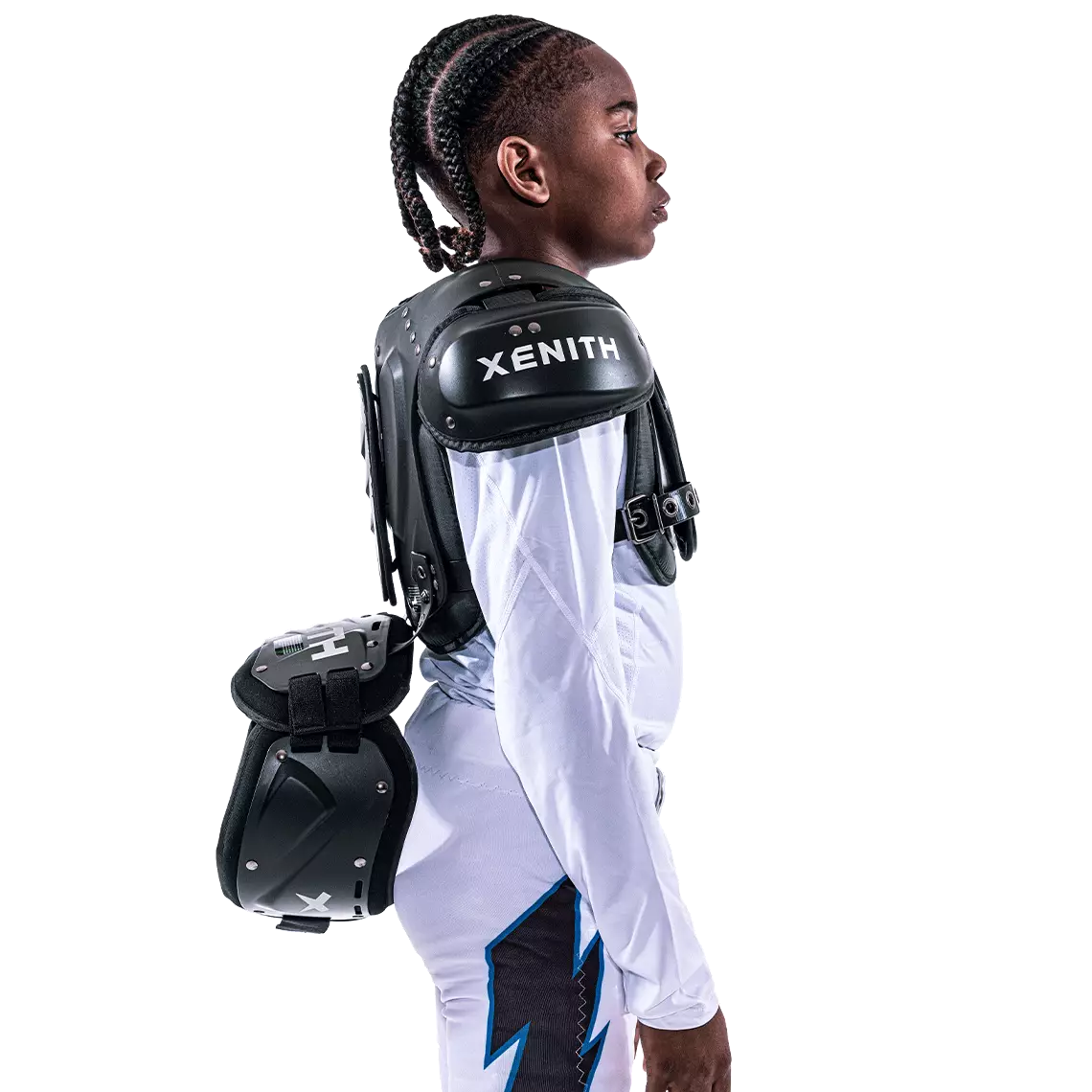 Side facing view of player wearing black Xenith core guard with black adjustment straps over shoulders.