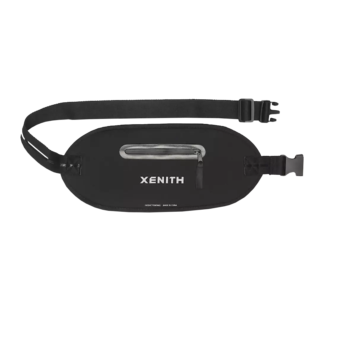 Backside view of black Xenith hand warmer with white logo.