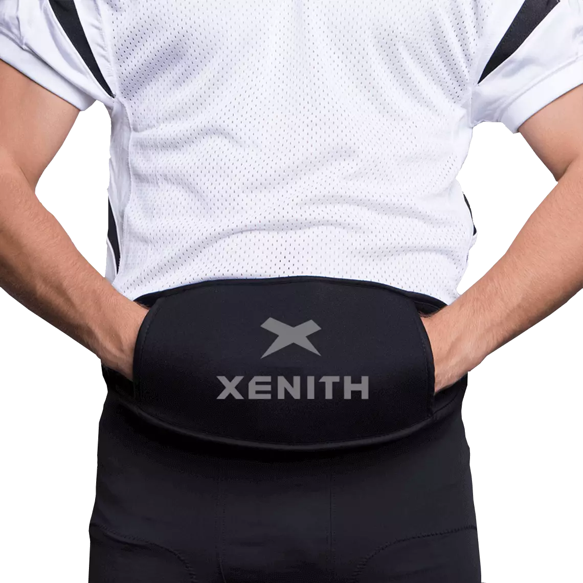 Front facing view of player wearing black Xenith hand warmer with white logo.