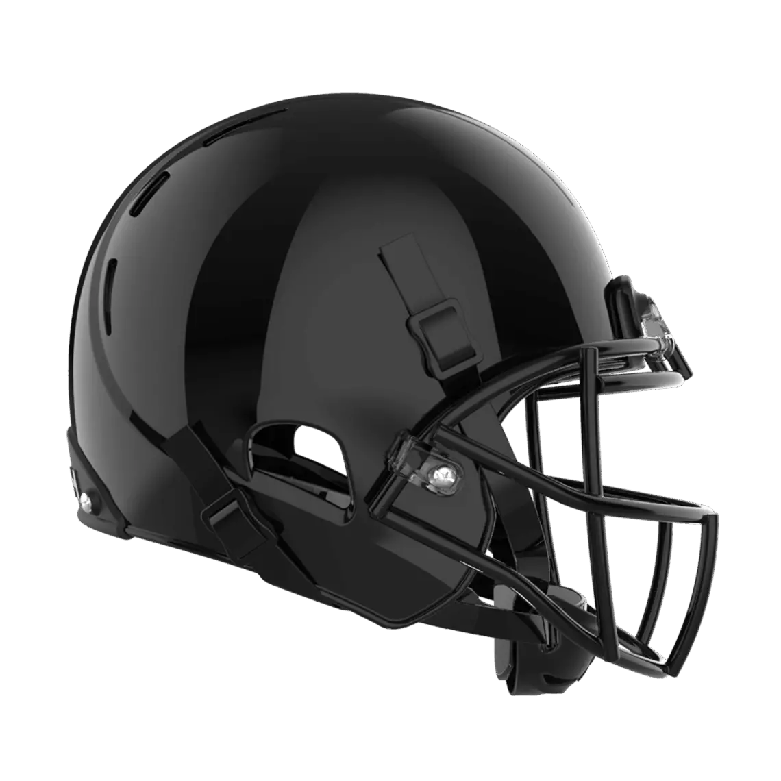 X2E+ football helmet with black shell and black Prime facemask from front diagonal.