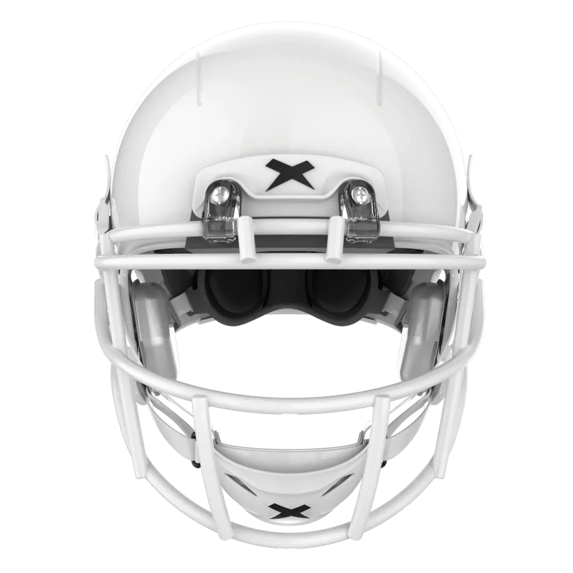 Front facing view x2e+ white shell, white facemask.