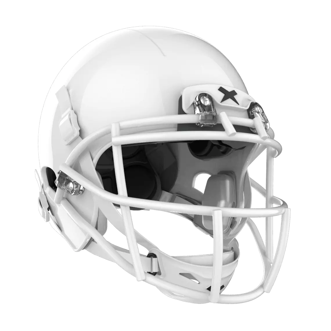 Right facing view x2e+ white shell, white facemask.