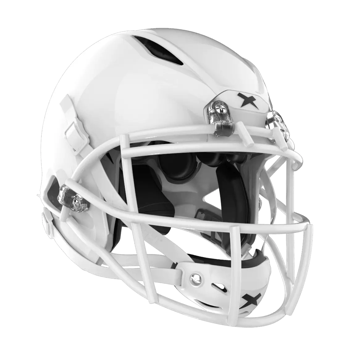 Shadow football helmet with black shell and black XRS-22X facemask from front diagonal.