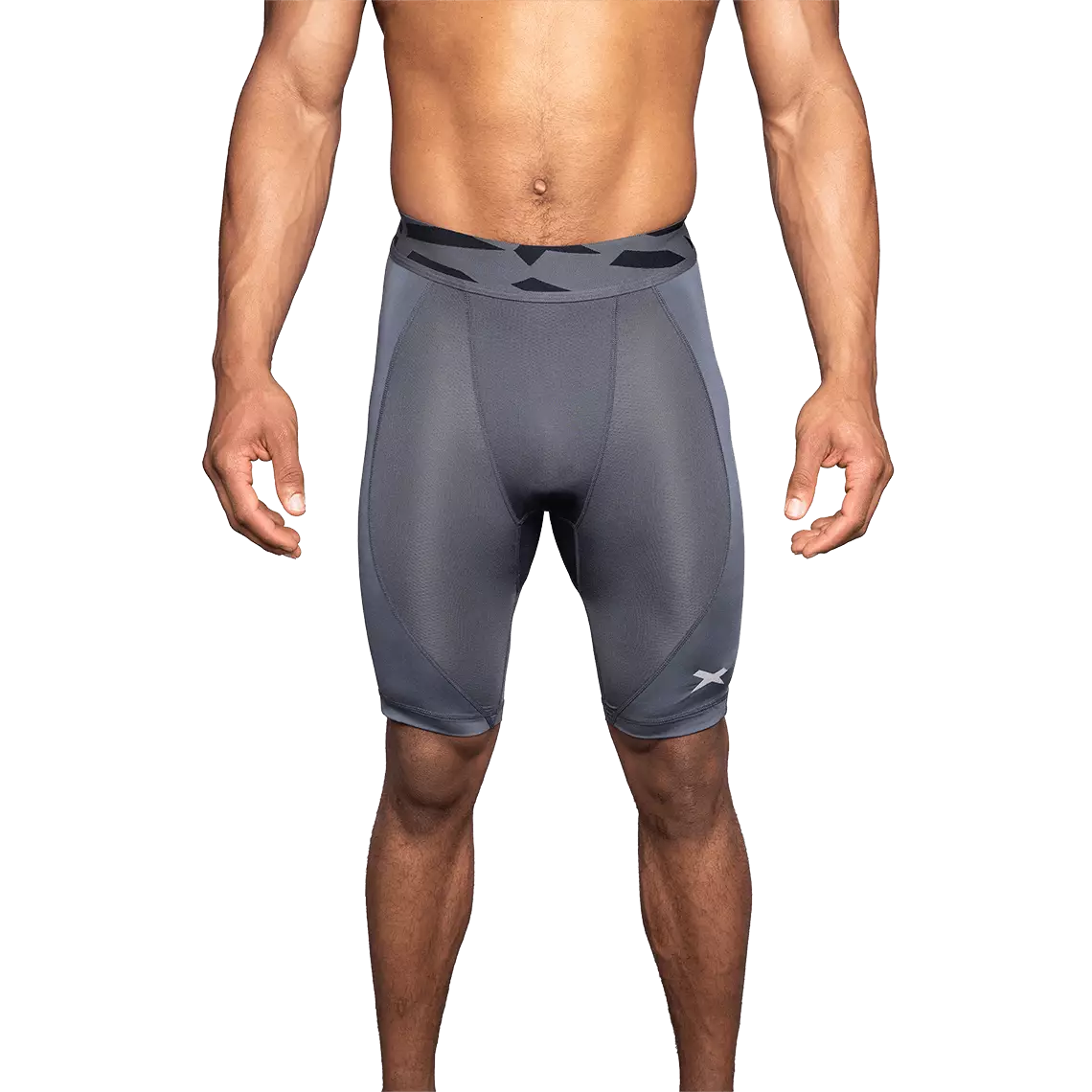 Black compression short on male model, from rear.