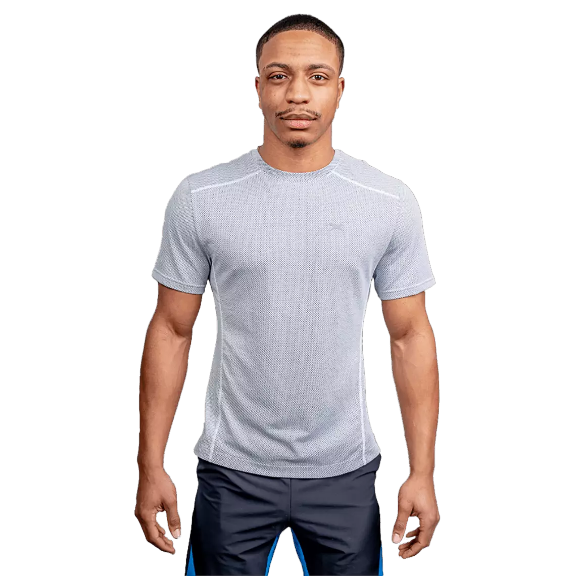 Male model in purple short sleeve shirt with reflective Xenith-X logo, from front.
