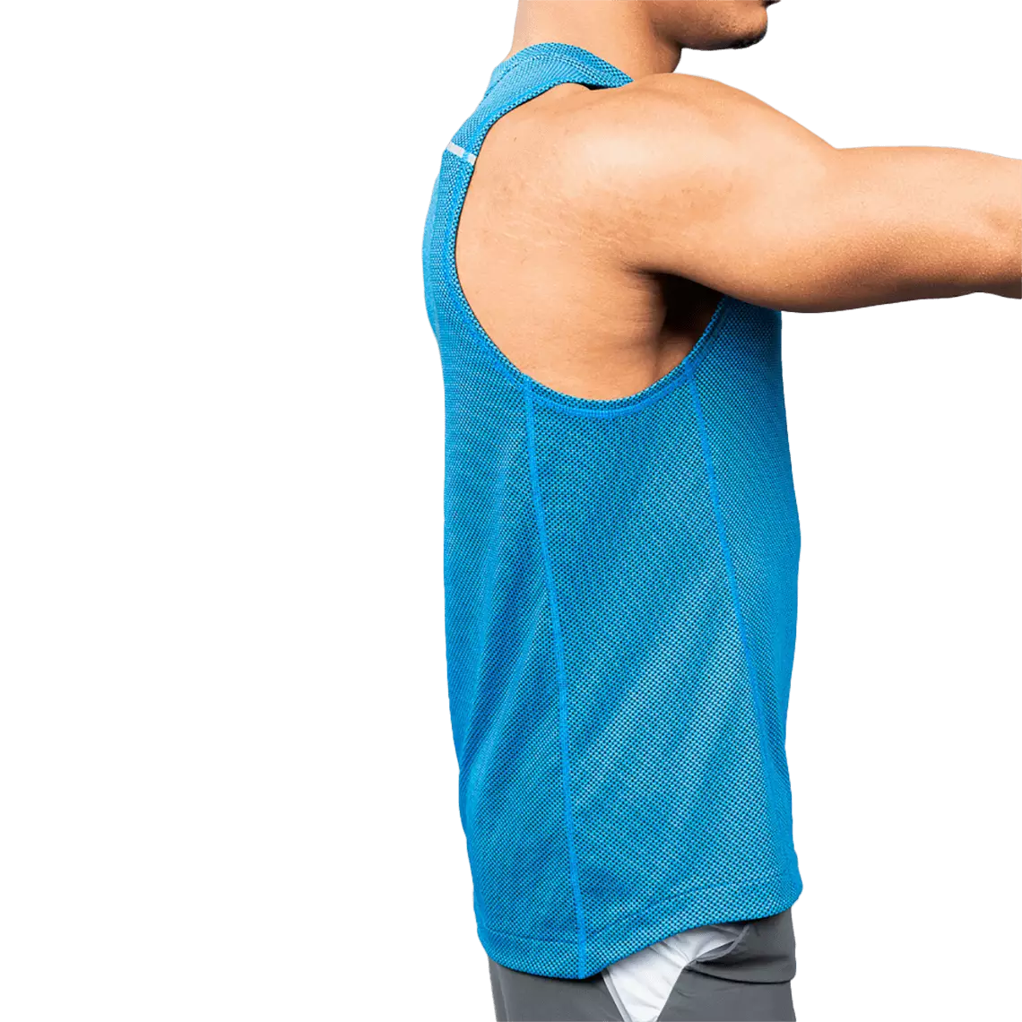 Male model in cobalt blue sleeveless shirt with reflective Xenith-X logo, from front.