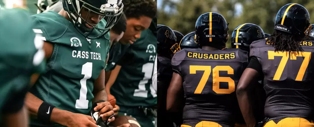 Players on the left wearing a green and white Xenith uniform. Players on the right are wearing a black and yellow uniform.