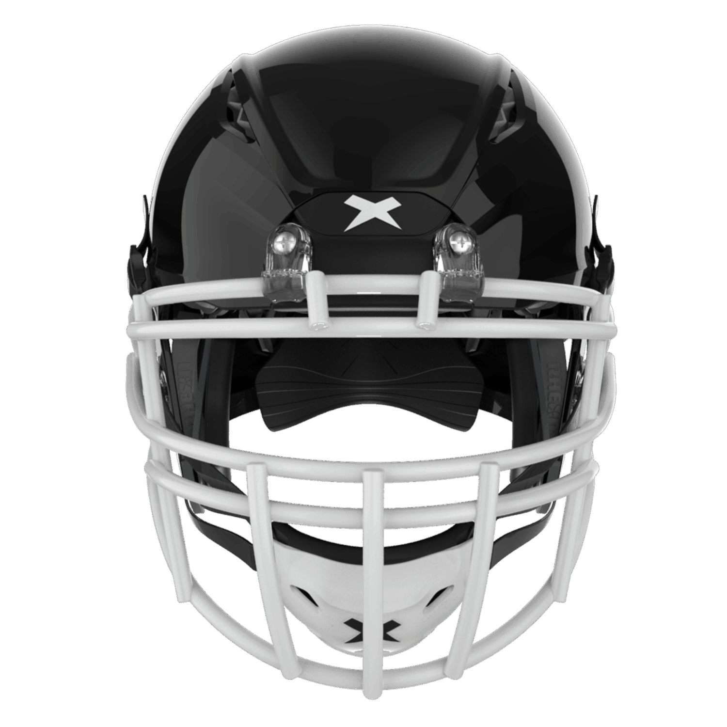 Front facing view of shadow xrs 21s black shell white facemask.