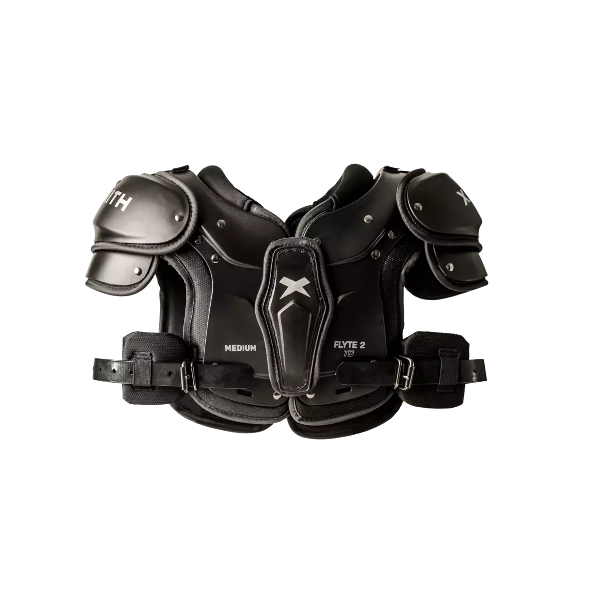 Front facing view of Xenith Flyte 2 football shoulder pads.