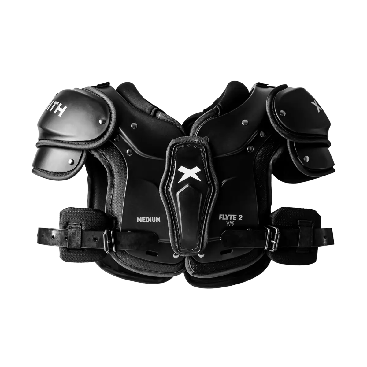 Front facing view of Xenith Flyte 2 football shoulder pads.