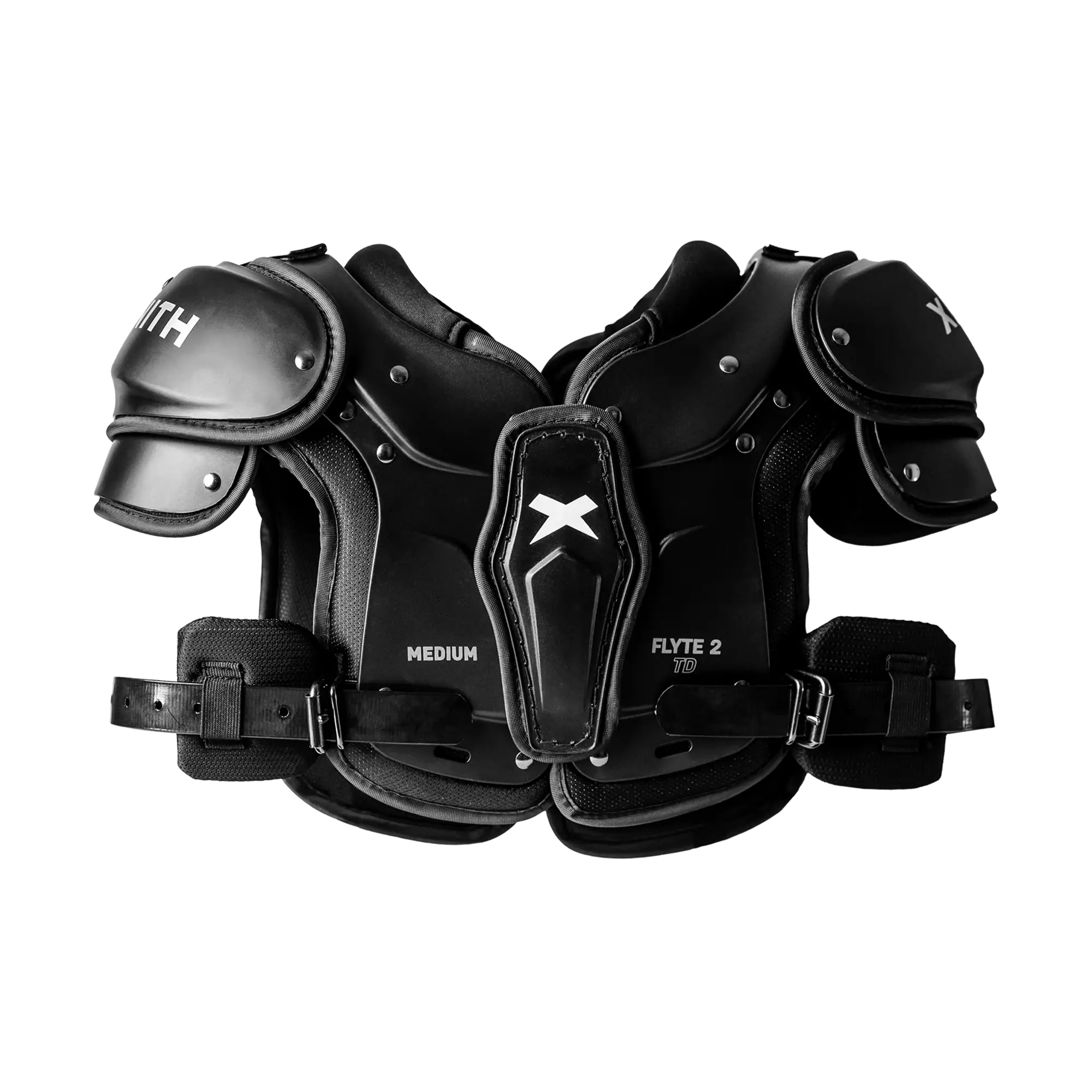 Front facing view of Xenith Flyte 2 football shoulder pads.