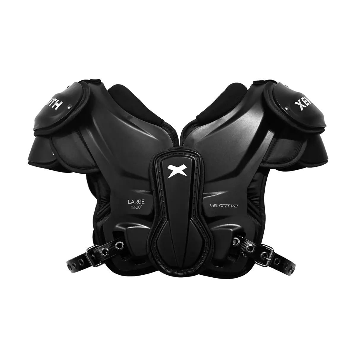 Front facing view of Velocity 2 football shoulder pads.