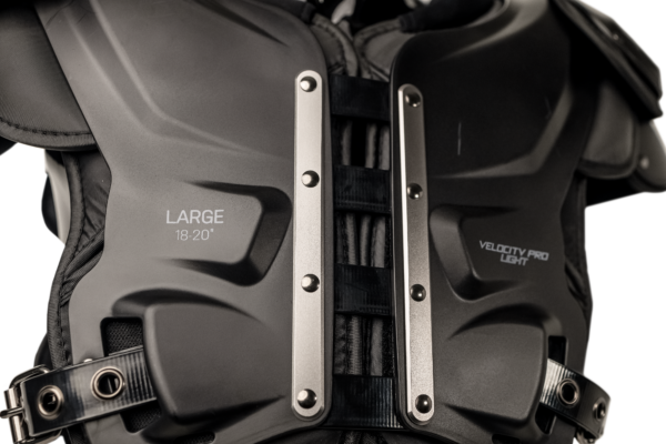 Close up front view of Xenith Velocity 2 Pro shoulder pads.